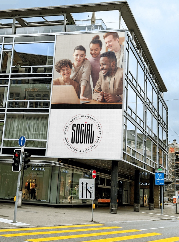 Social immigration at cityscape bus stop in calgary